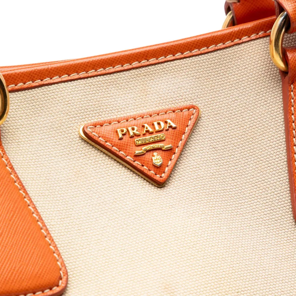 Prada Saffiano Trimmed Canvas Canapa Satchel Beige Very good - Box View