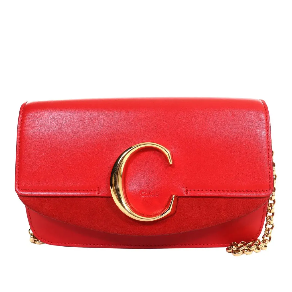 Chloé Mini Calfskin and Suede C Chain Crossbody Red Leather Very good - Front View