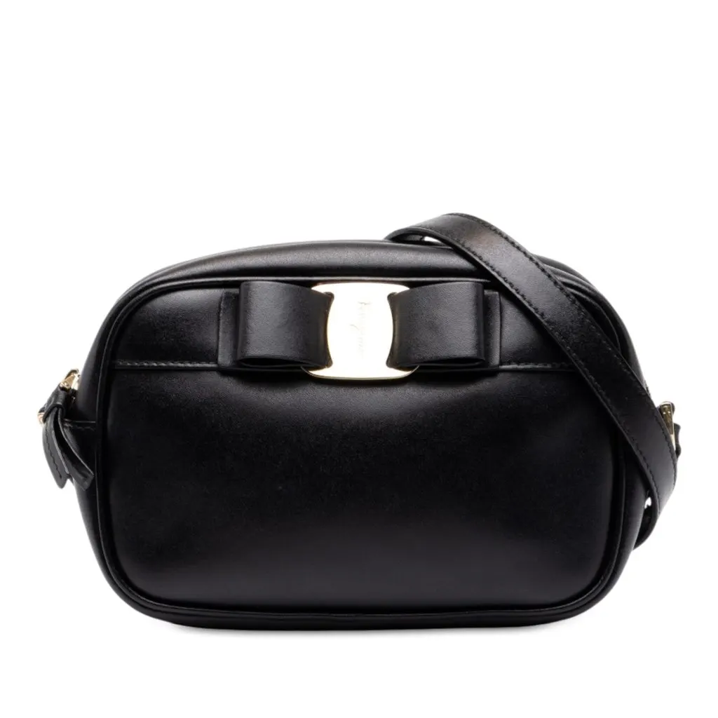 Salvatore Ferragamo Smooth Calfskin Vara Bow Camera Bag Black Leather Good - Front View