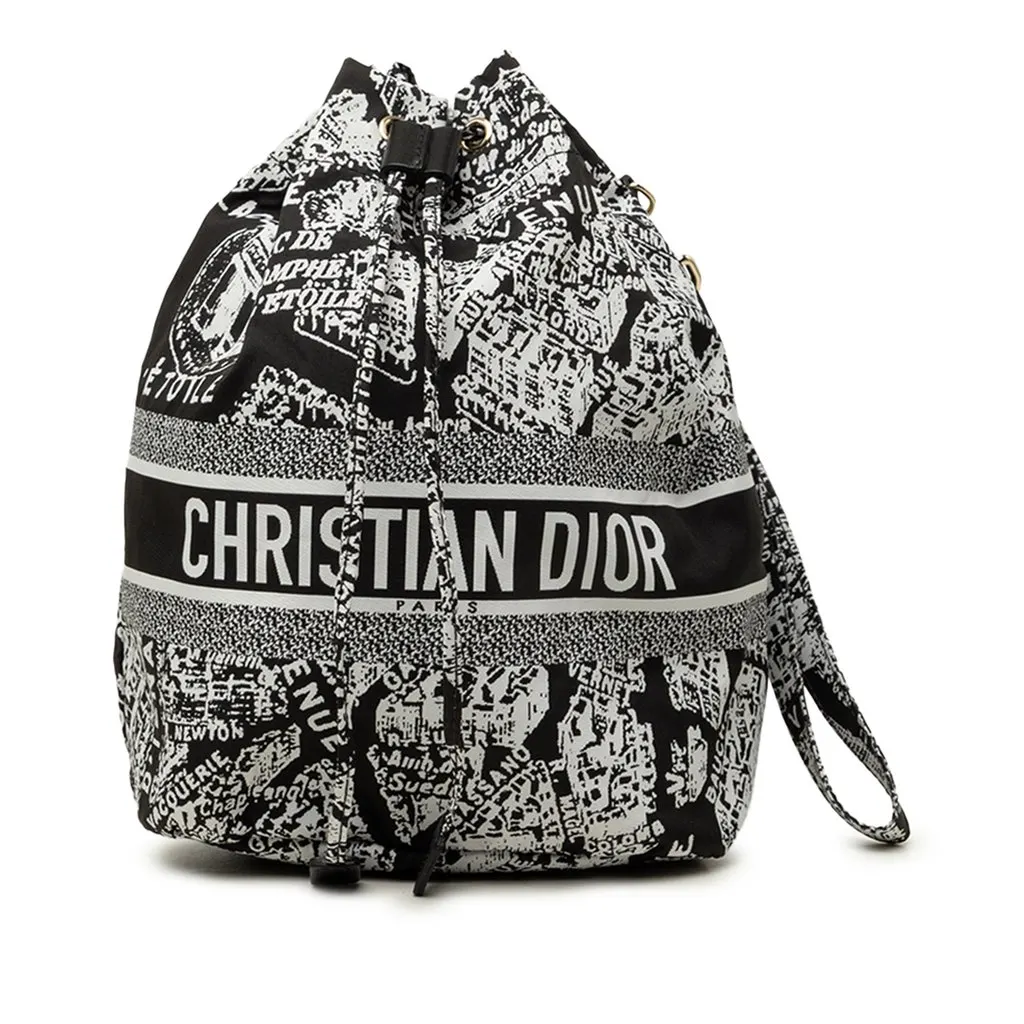 Dior Technical Fabric Plan de Paris DiorTravel Drawstring Pouch Black Canvas Very good - Front View