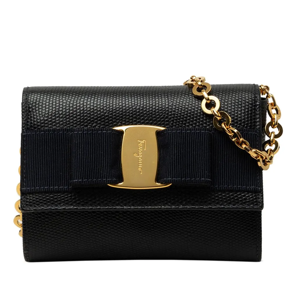 Salvatore Ferragamo Mini Textured Leather Vara Bow Convertible Chain Crossbody Blue Leather Good - Front View