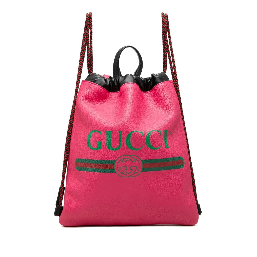Gucci Grained Calfskin Web Logo Drawstring Backpack Pink Leather Very good - Front View