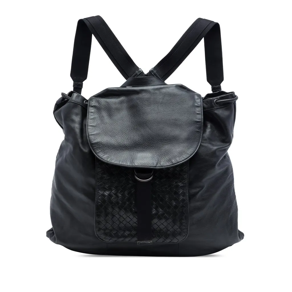 Bottega Veneta Intrecciato Trimmed Leather Drawstring Backpack Black Leather Very good - Front View