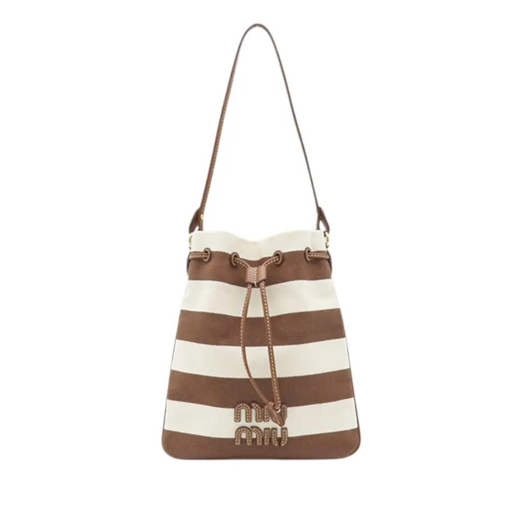 Miu Miu Striped Canvas Logo Drawstring Handbag Brown Canvas Very good - Front View