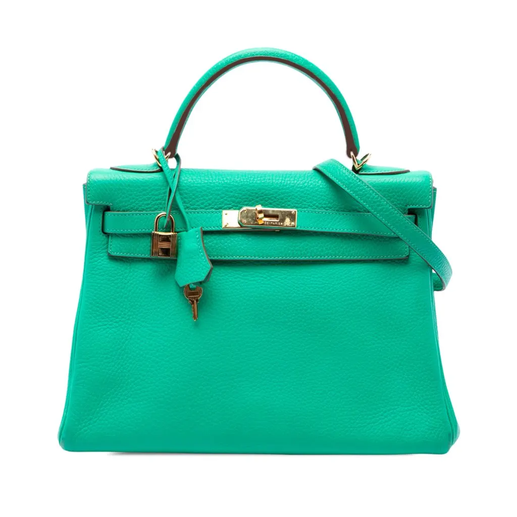 Hermès Clemence Kelly II Retourne 32 Green Leather Very good - Front View
