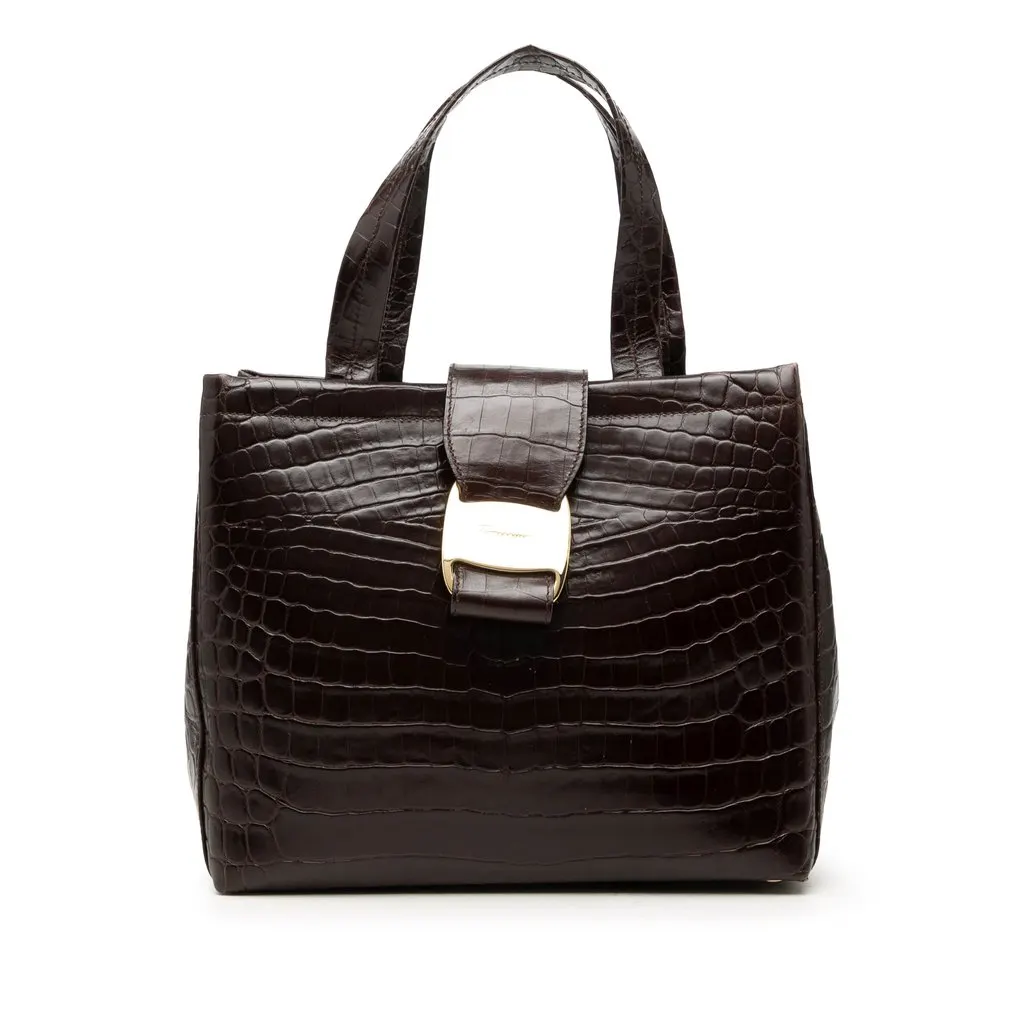 Salvatore Ferragamo Croc Embossed Leather Vara Bow Handbag Brown Leather Very good - Front View