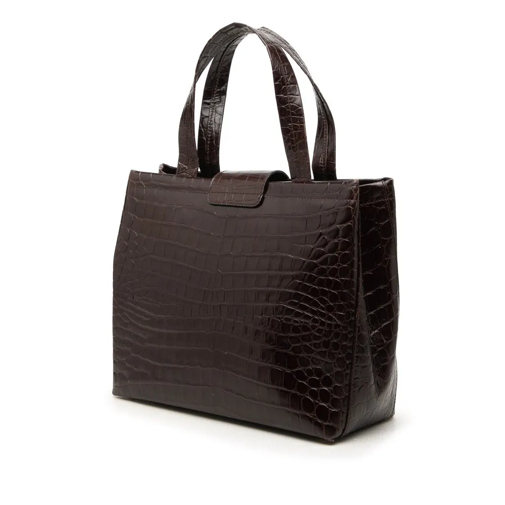 Salvatore Ferragamo Croc Embossed Leather Vara Bow Handbag Brown Leather Very good - Back View