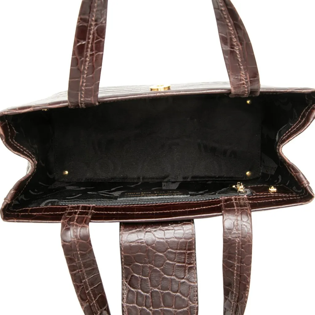 Salvatore Ferragamo Croc Embossed Leather Vara Bow Handbag Brown Leather Very good - Model View