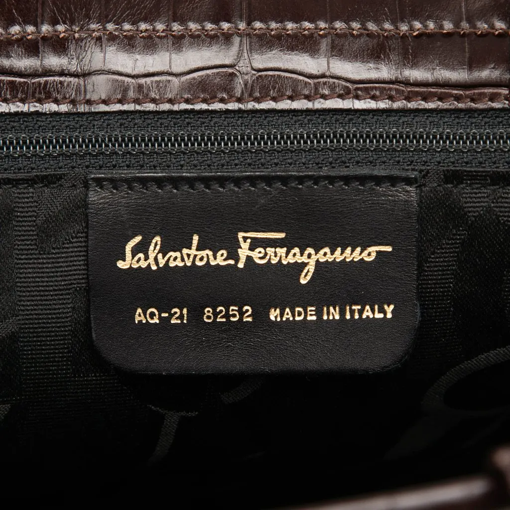 Salvatore Ferragamo Croc Embossed Leather Vara Bow Handbag Brown Leather Very good - Box View