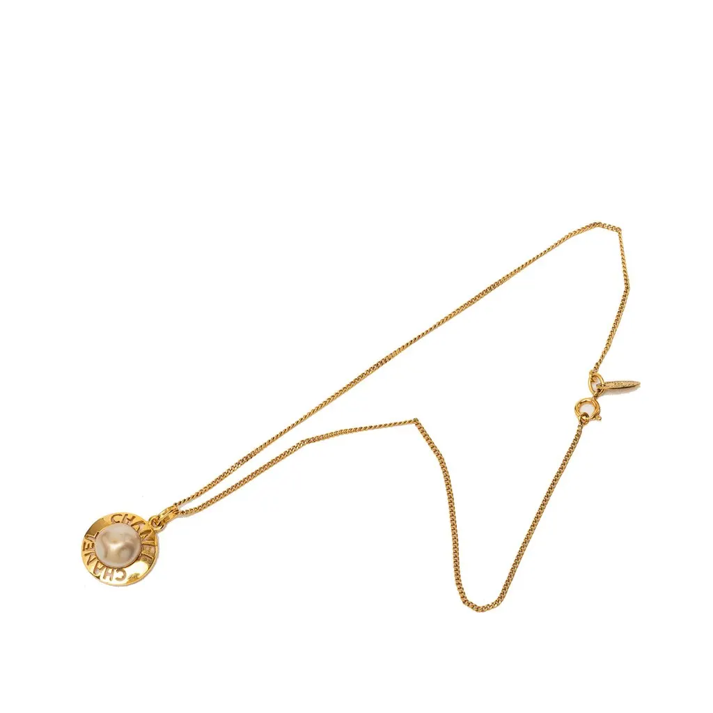 Chanel Gold Plated Faux Pearl Logo Round Pendant Necklace Gold Metal Very good - Front View