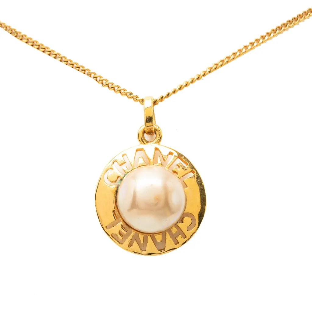 Chanel Gold Plated Faux Pearl Logo Round Pendant Necklace Gold Metal Very good - Back View