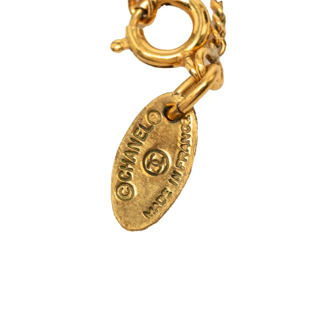 Chanel Gold Plated Faux Pearl Logo Round Pendant Necklace Gold Metal Very good - Model View