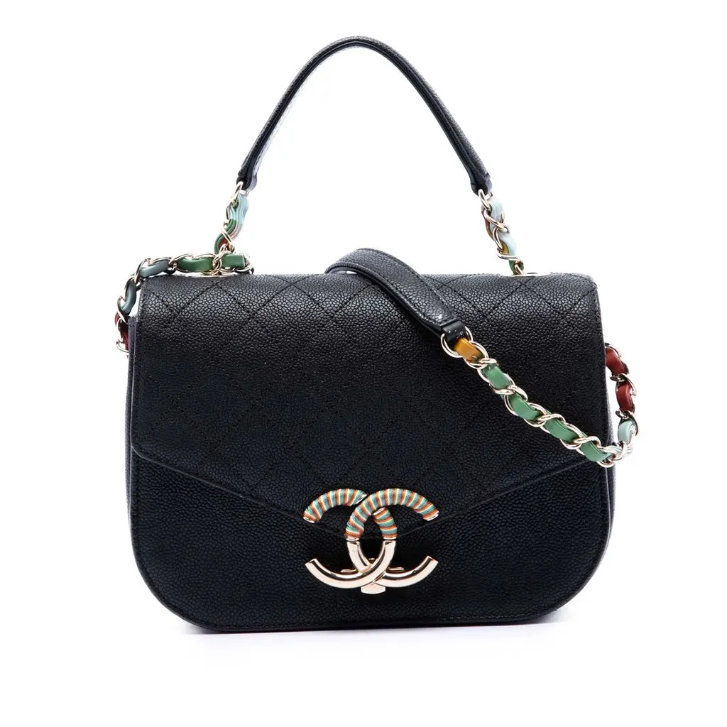 Chanel Paris Cuba Small Quilted Caviar Thread Around Flap Black Leather Very good - Front View
