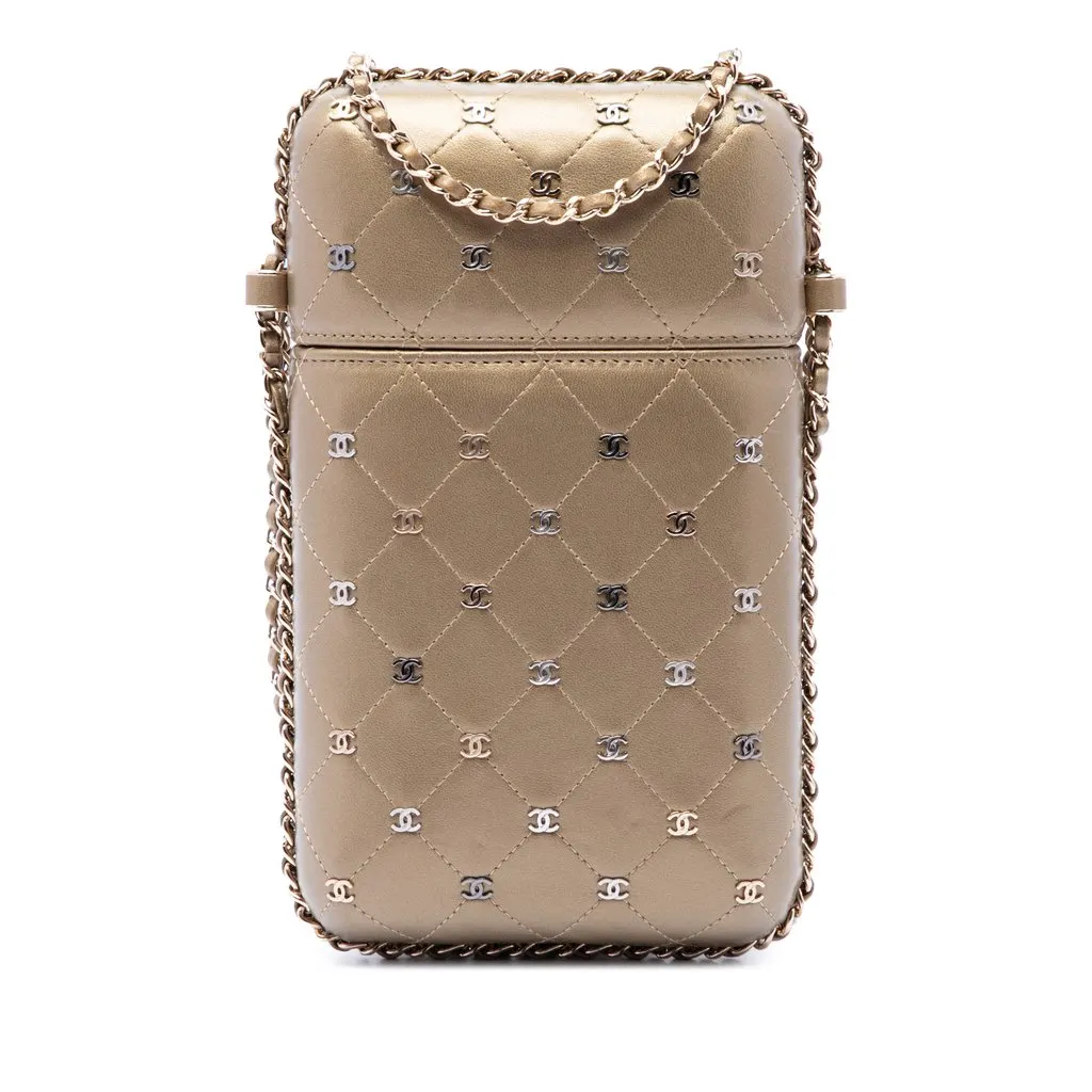 Chanel CC Quilted and Studded Metallic Lambskin Chain Around Phone Holder Gold Leather Very good - Front View