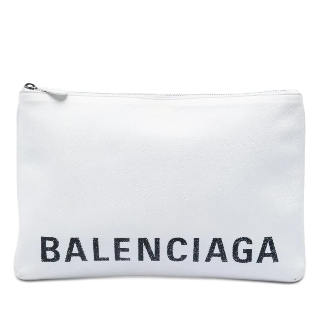 Balenciaga Leather Ville Logo Zip Pouch White Leather Very good - Front View