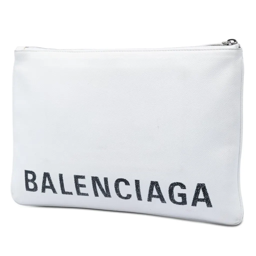 Balenciaga Leather Ville Logo Zip Pouch White Leather Very good - Back View