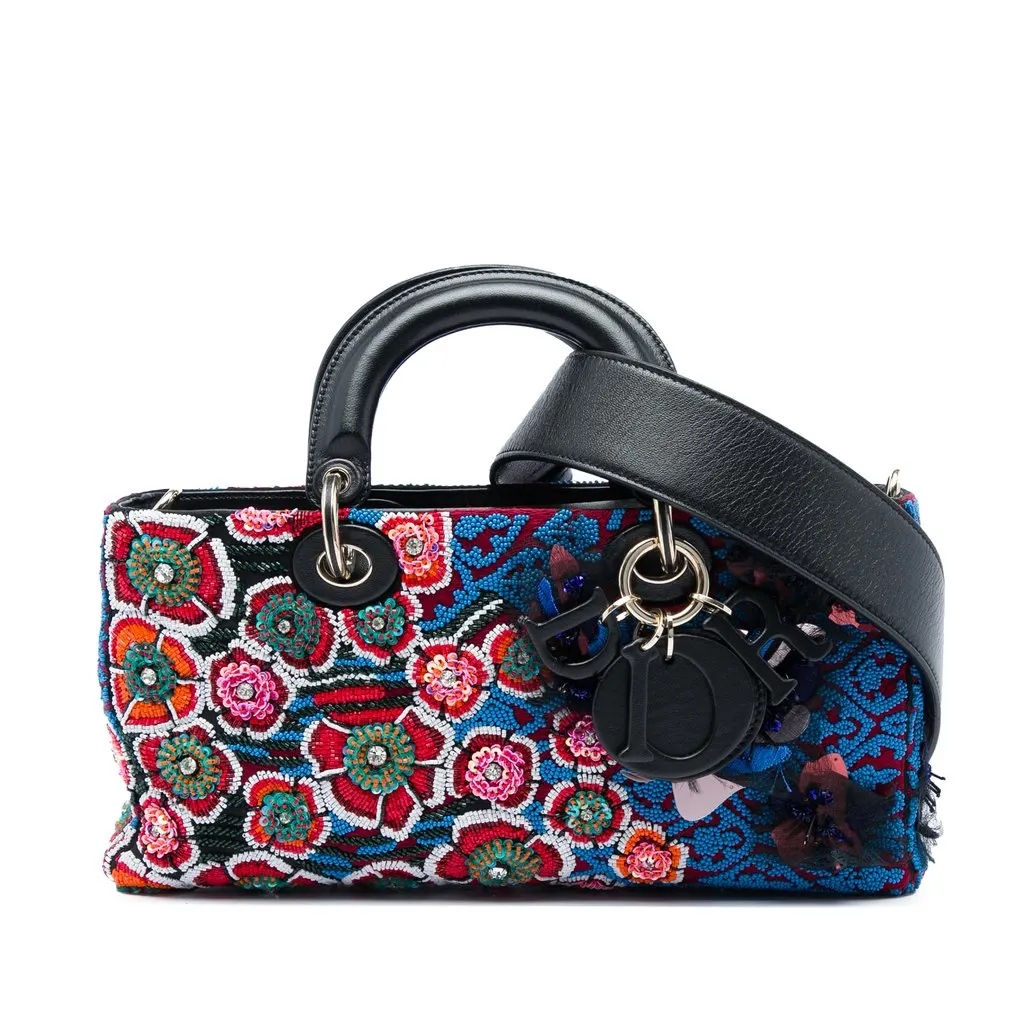 Dior Medium Beaded Ribbon Embroidered Floral Lady D Joy Blue Leather Very good - Front View