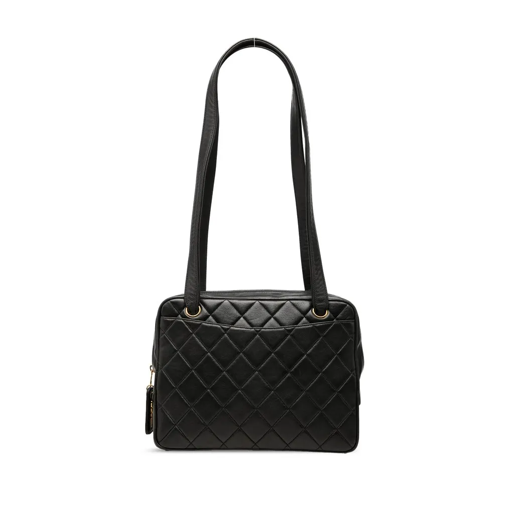 Chanel Quilted Lambskin Shoulder Bag Black Leather Good - Front View