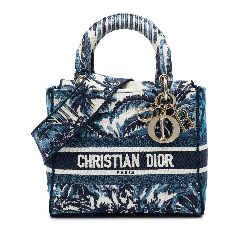 Dior Medium Embroidered Canvas Palm Tree Toile De Jouy Lady D Lite Blue Very good - Front View