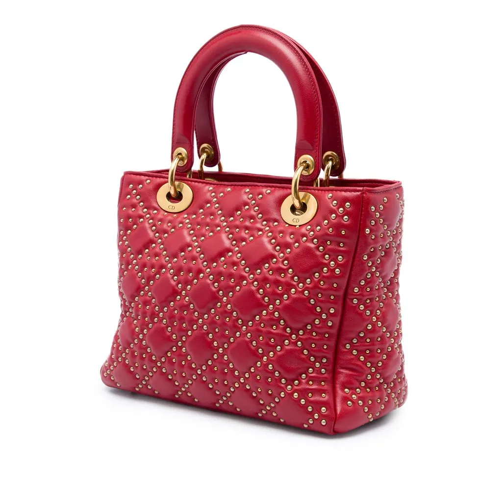 Dior Medium Lambskin Cannage Studded Supple Lady Dior Red Leather Good - Back View