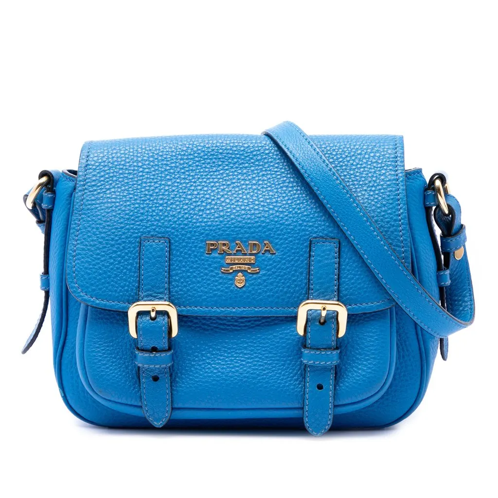 Prada Vitello Daino Double Buckle Messenger Bag Blue Leather Very good - Front View