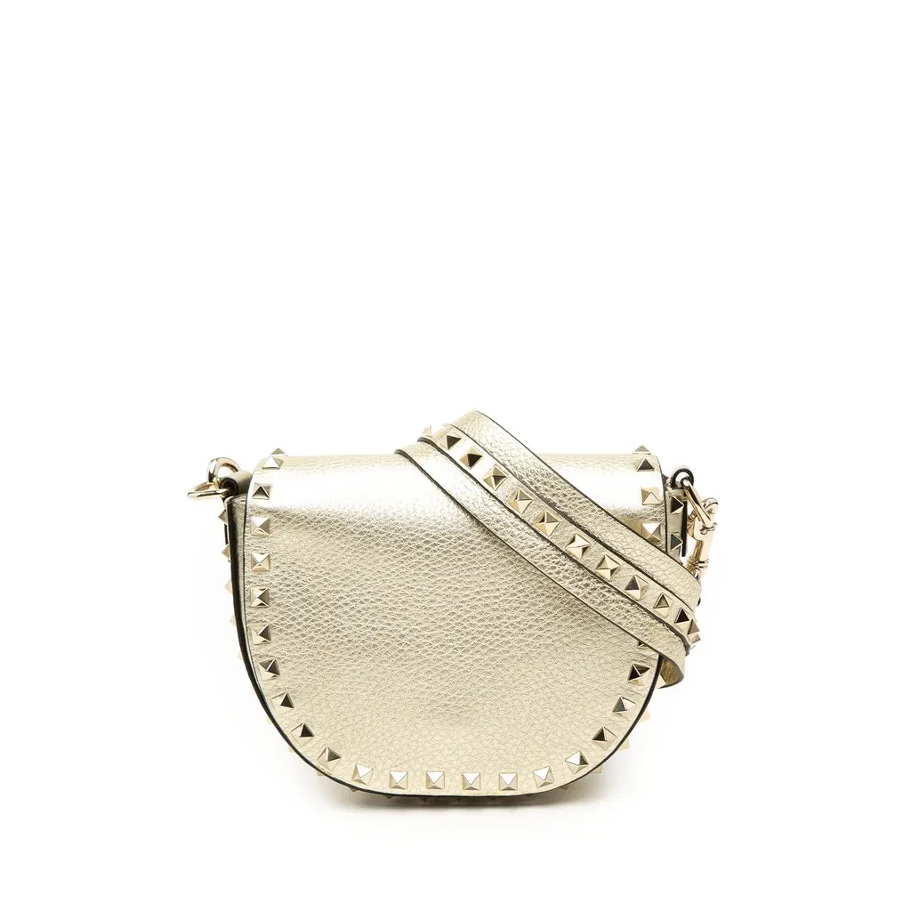 Valentino Metallic Grained Calfskin Rockstud Saddle Crossbody Gold Leather Very good - Front View
