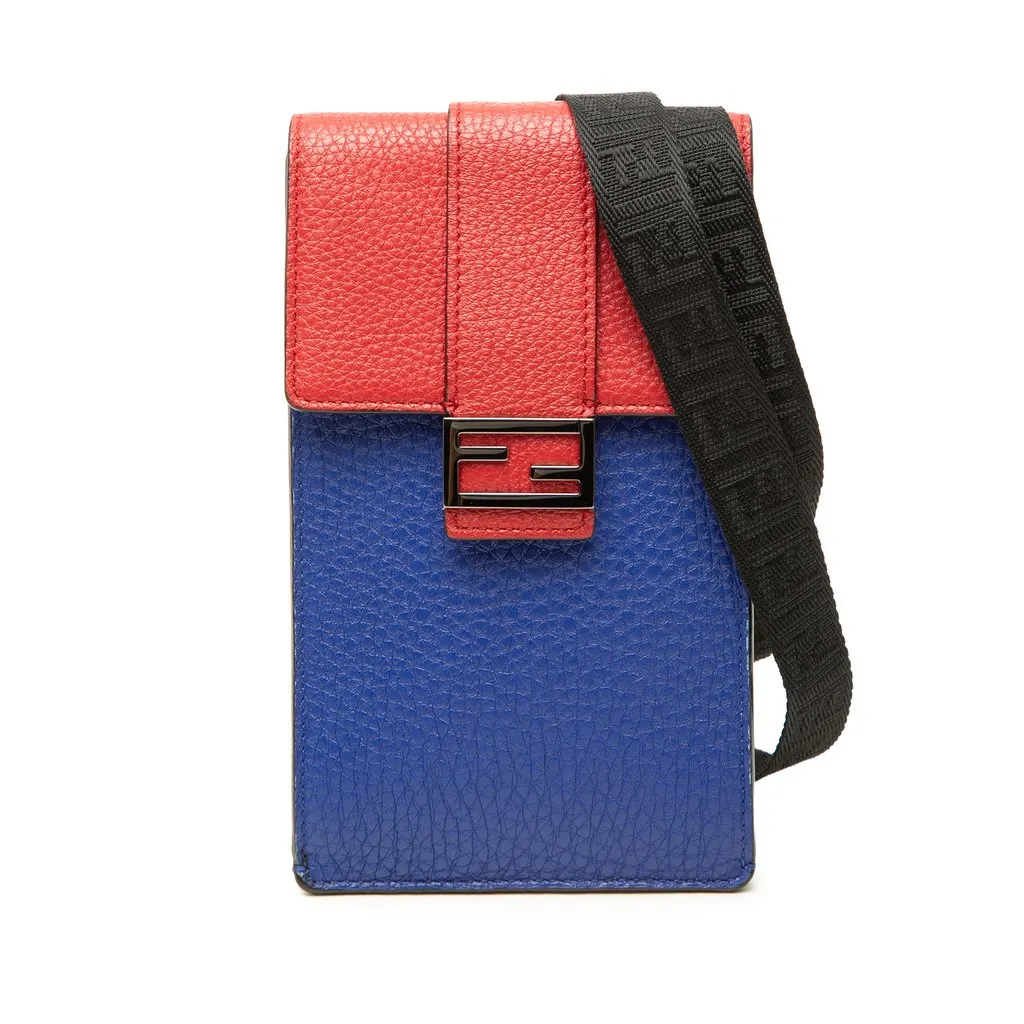Fendi Bicolor Leather Phone Holder Crossbody Red Leather Good - Front View