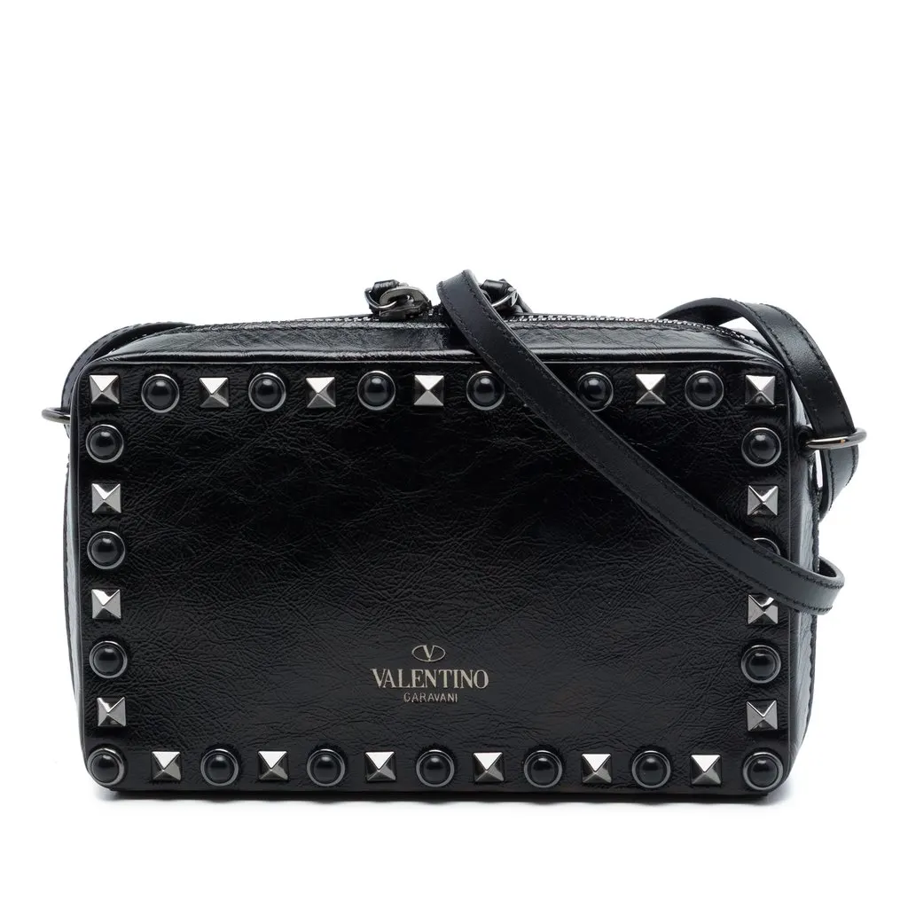 Valentino Textured Leather Rolling Rockstud Camera Bag Black Leather Very good - Front View