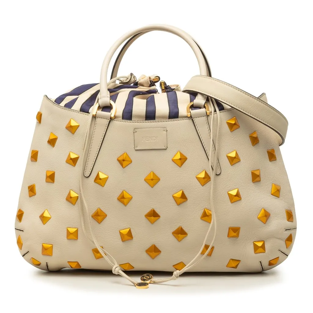 Fendi Medium Studded Calfskin B Fab Satchel White Leather Good - Front View