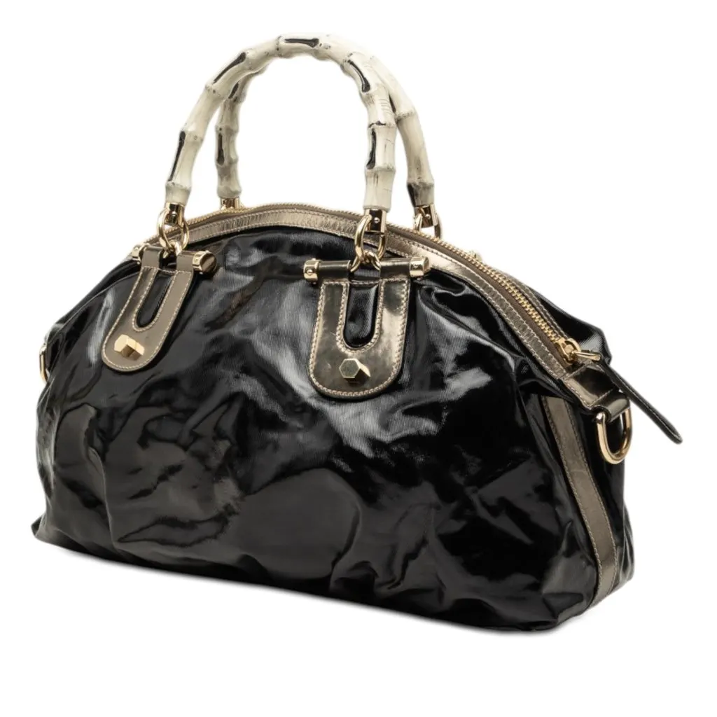 Gucci Coated Canvas Bamboo Dialux Pop Satchel Black Very good - Back View