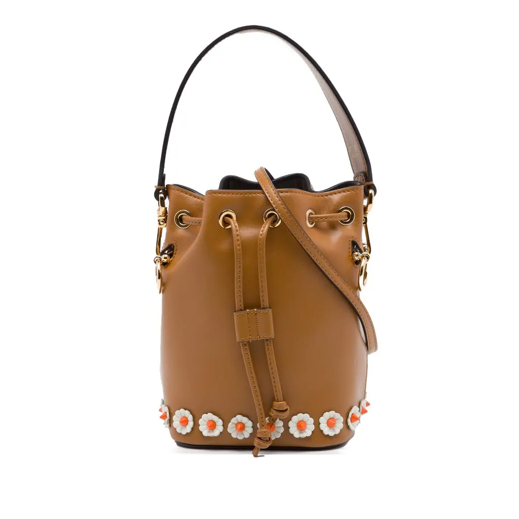 Fendi Mini Leather Studded Floral Mon Tresor Bucket Bag Brown Leather Very good - Front View