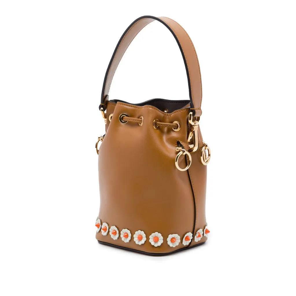 Fendi Mini Leather Studded Floral Mon Tresor Bucket Bag Brown Leather Very good - Back View