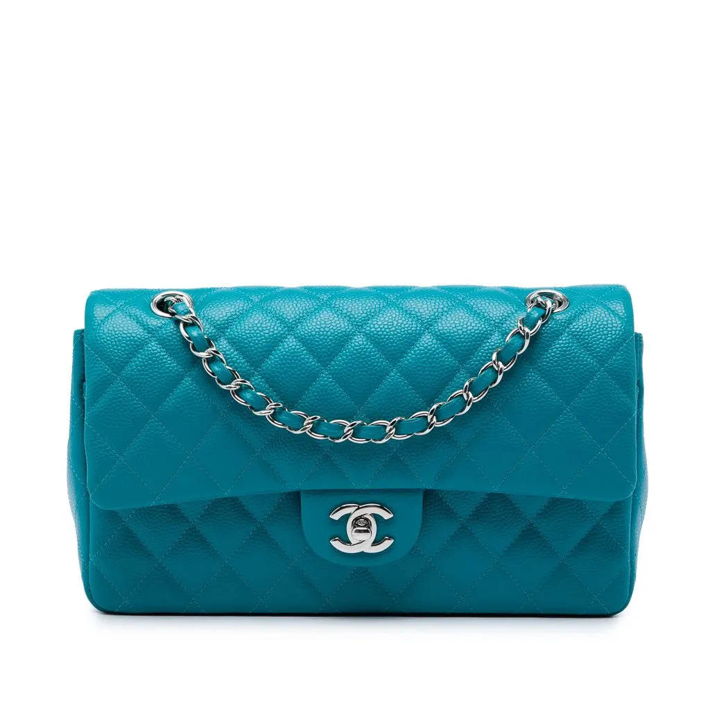 Chanel Medium Classic Iridescent Caviar Double Flap Blue Leather Very good - Front View