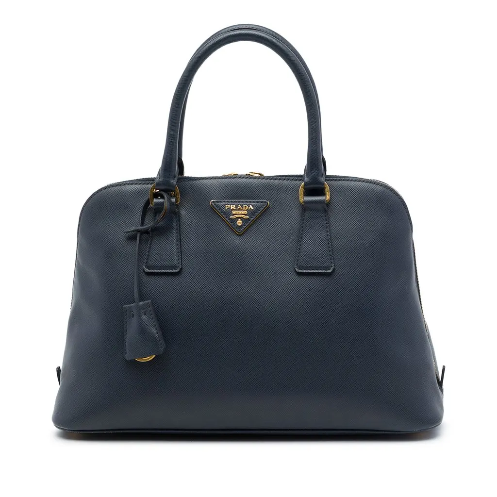 Prada Medium Saffiano Lux Promenade Satchel Blue Leather Good - Front View