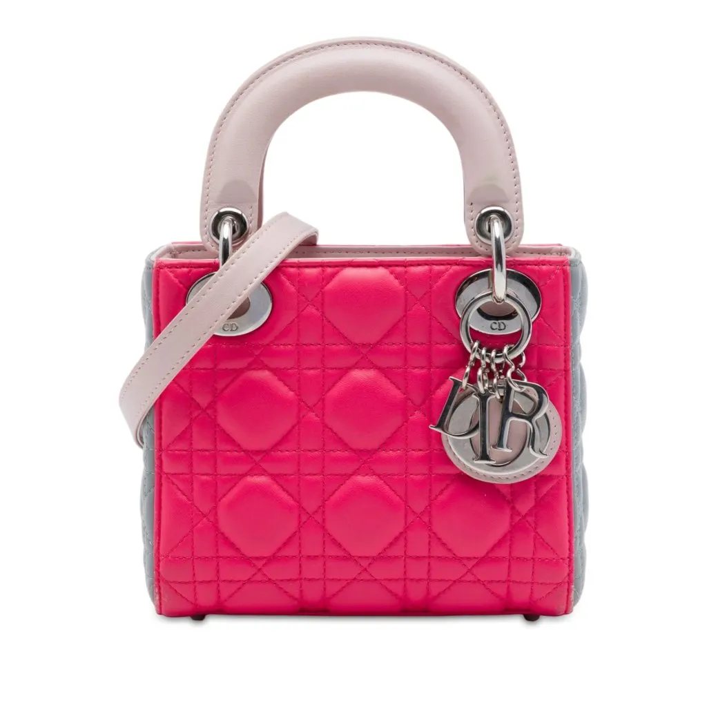 Dior Mini Tricolor Lambskin Cannage Lady Dior Pink Leather Good - Front View