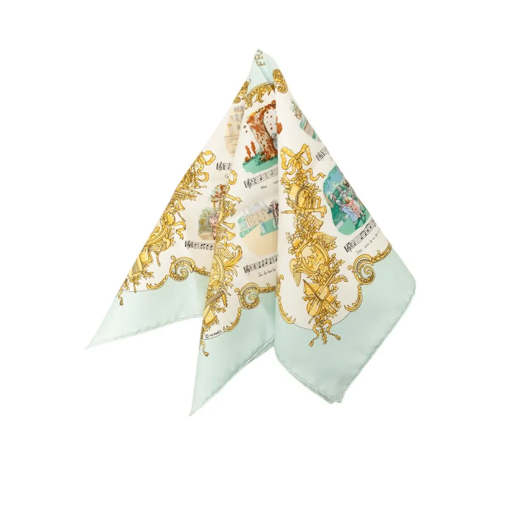 Hermès Chansons de France Silk Pocket Square Scarf 45 White Silk Never worn - Front View