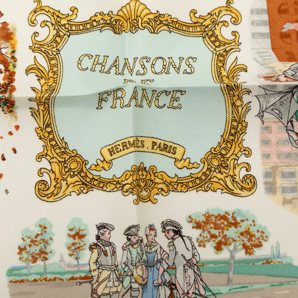 Hermès Chansons de France Silk Pocket Square Scarf 45 White Silk Never worn - Back View