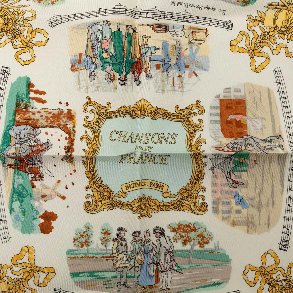 Hermès Chansons de France Silk Pocket Square Scarf 45 White Silk Never worn - Inside View