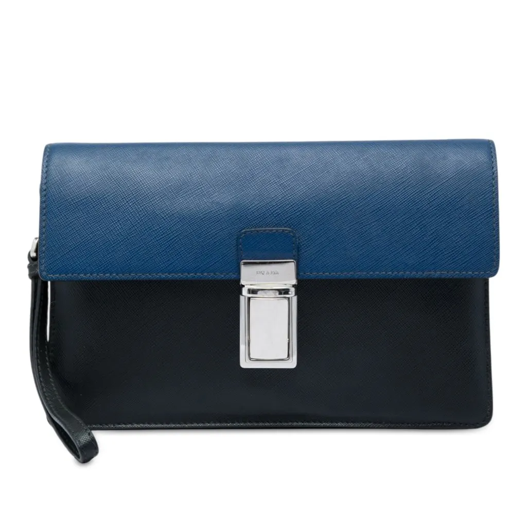 Prada Bicolor Saffiano Push Lock Clutch Black Leather Very good - Front View