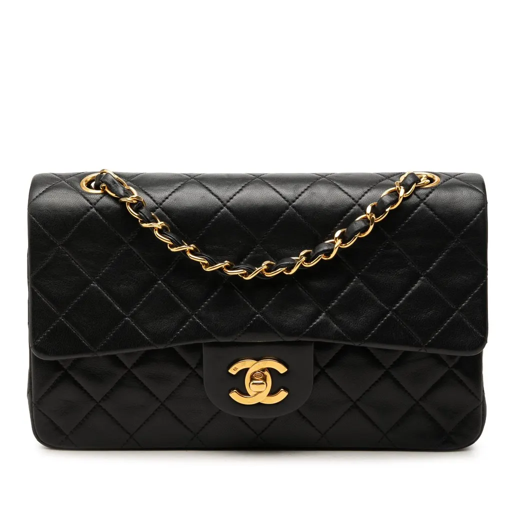 Chanel Small Classic Lambskin Double Flap Black Leather Good - Front View