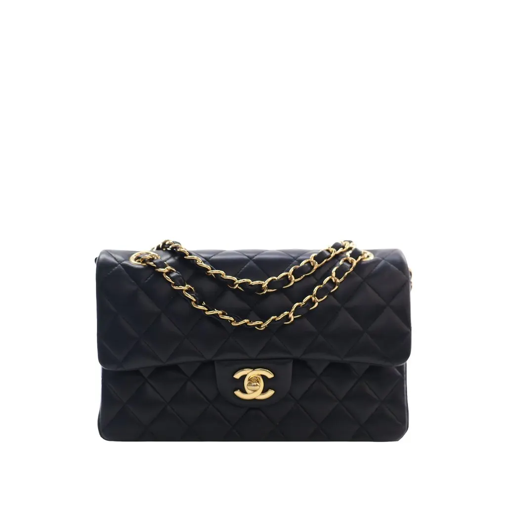 Chanel Small Classic Lambskin Double Flap Black Leather Very good - Front View