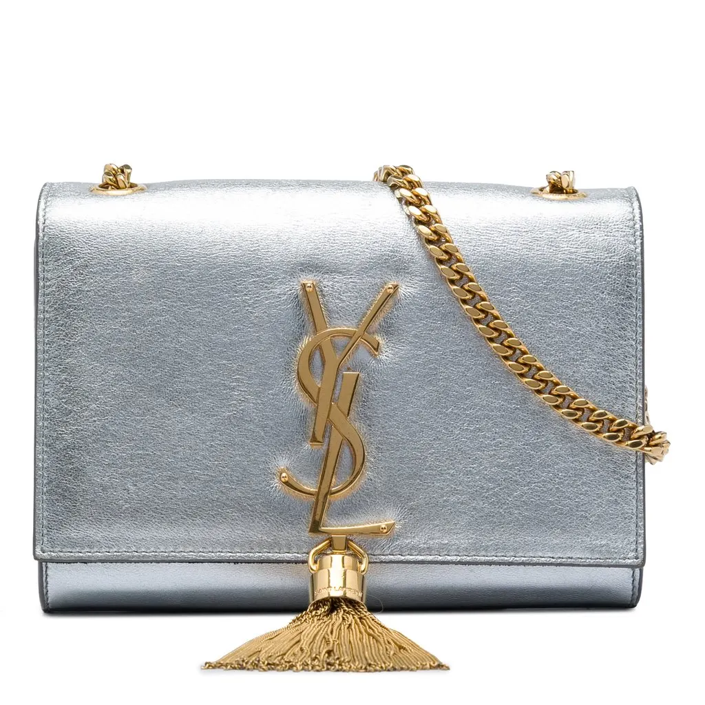 Saint Laurent Small Metallic Calfskin Monogram Kate Tassel Crossbody Silver Leather Very good - Front View
