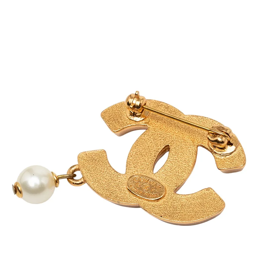 Chanel CC Gold Plated Strass and Faux Pearl Drop Brooch Gold Metal Very good - Back View