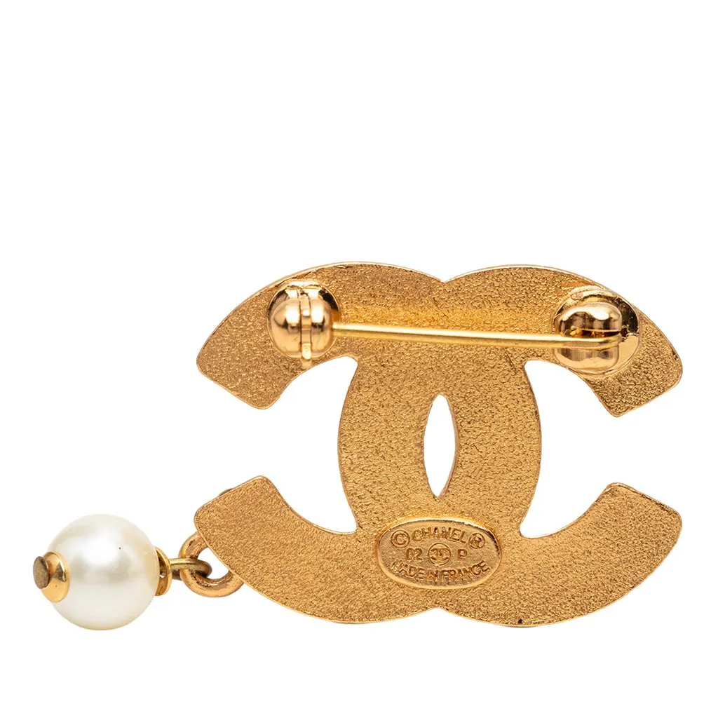 Chanel CC Gold Plated Strass and Faux Pearl Drop Brooch Gold Metal Very good - Inside View
