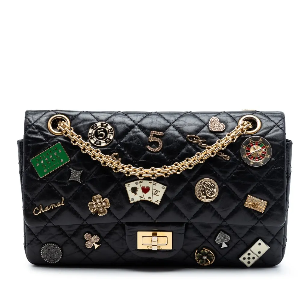 Chanel Quilted Aged Calfskin Reissue 2.55 Lucky Charms Double Flap 225 Black Leather Very good - Front View