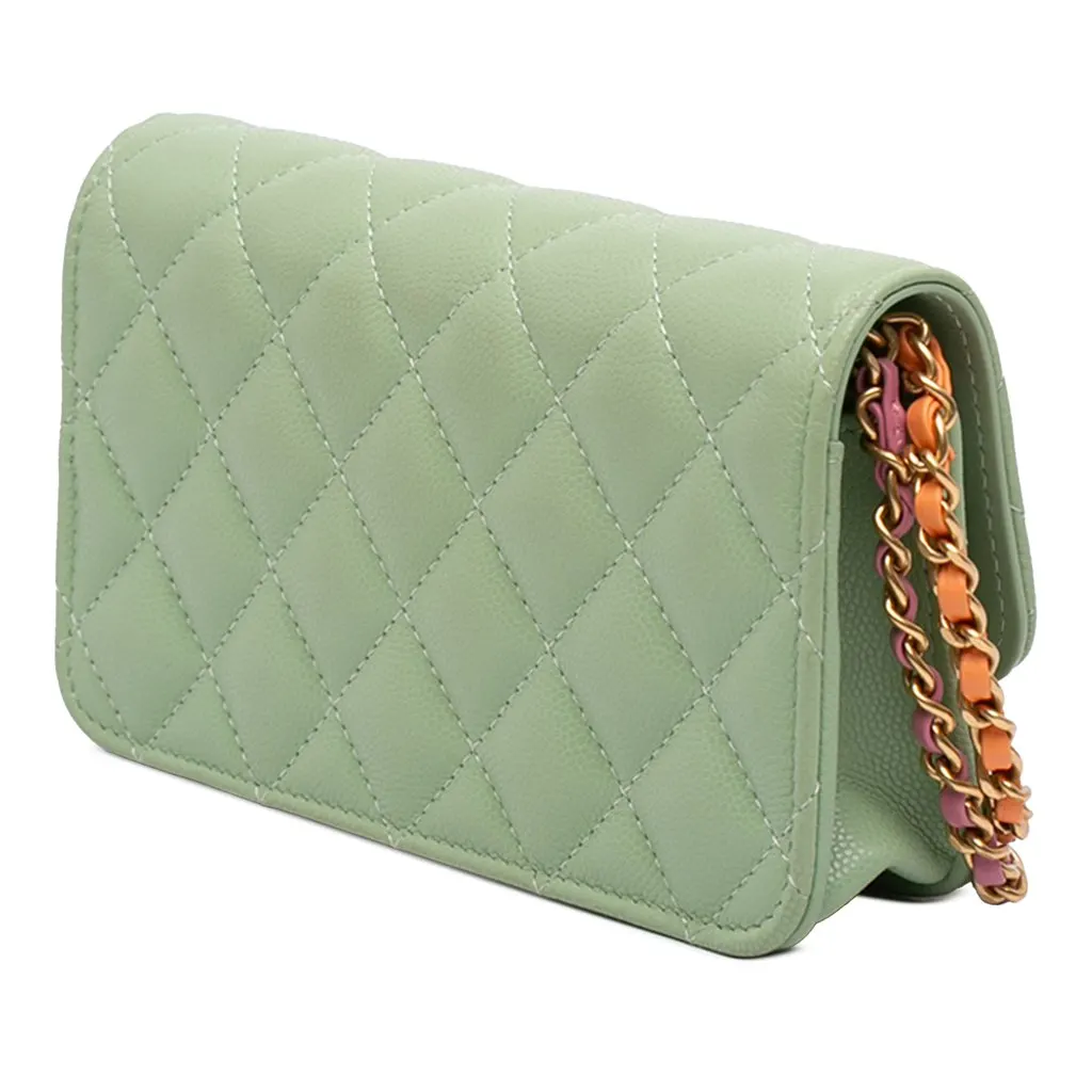 Chanel Mini CC Quilted Caviar Clutch With Chain Green Leather Very good - Back View