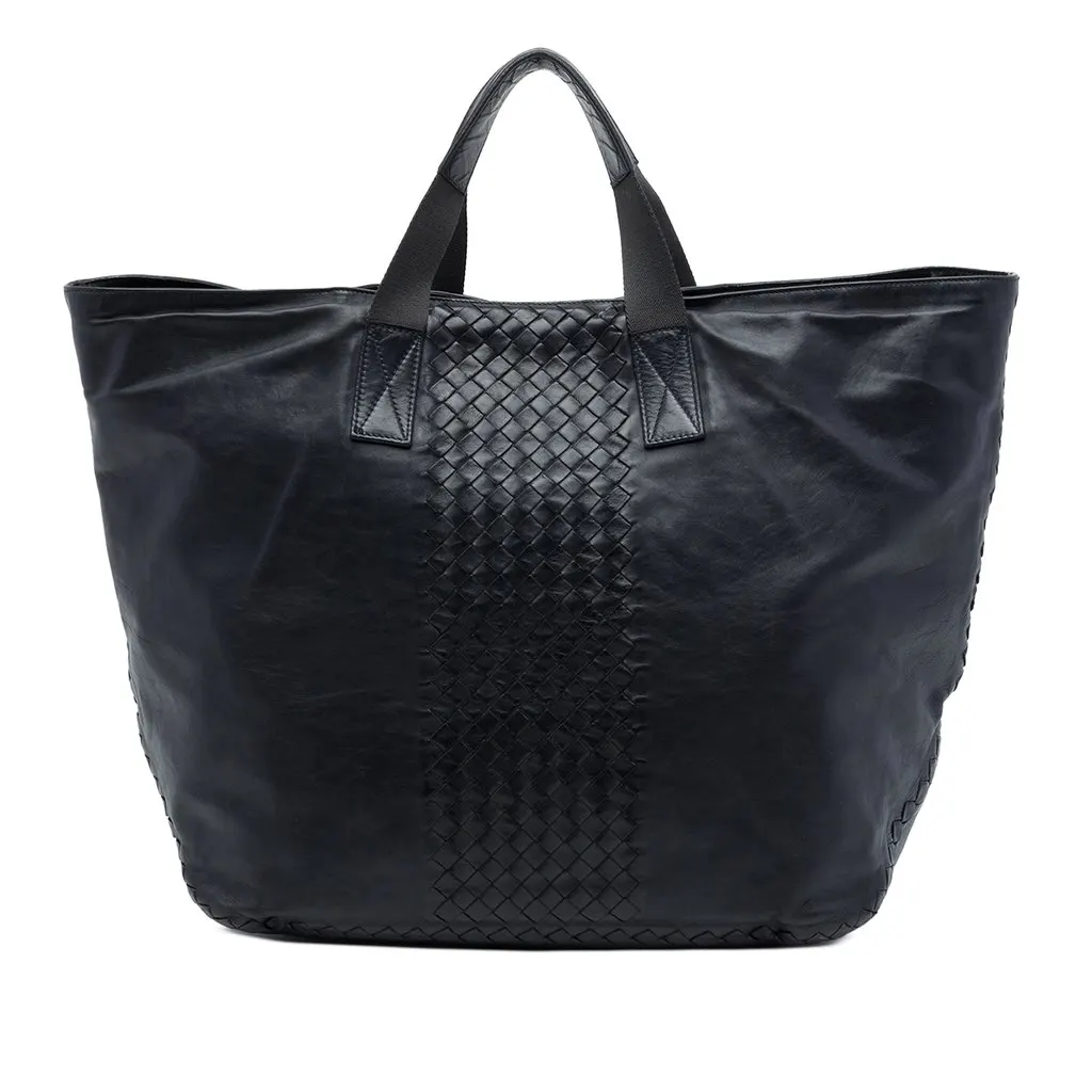 Bottega Veneta Intrecciato Trimmed Nappa Soft Tote Blue Leather Good - Front View