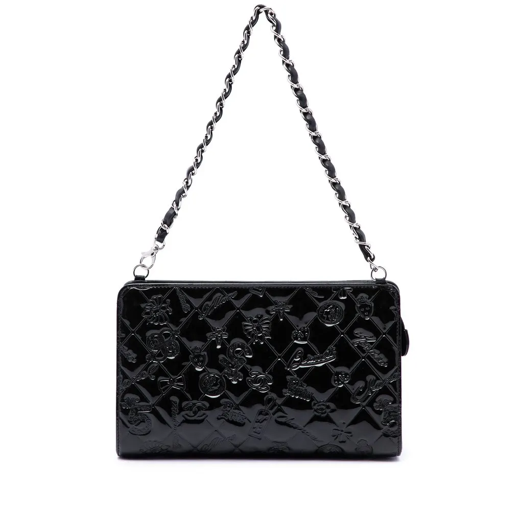 Chanel Quilted Patent Embossed Lucky Symbols Pochette Black Leather Very good - Front View