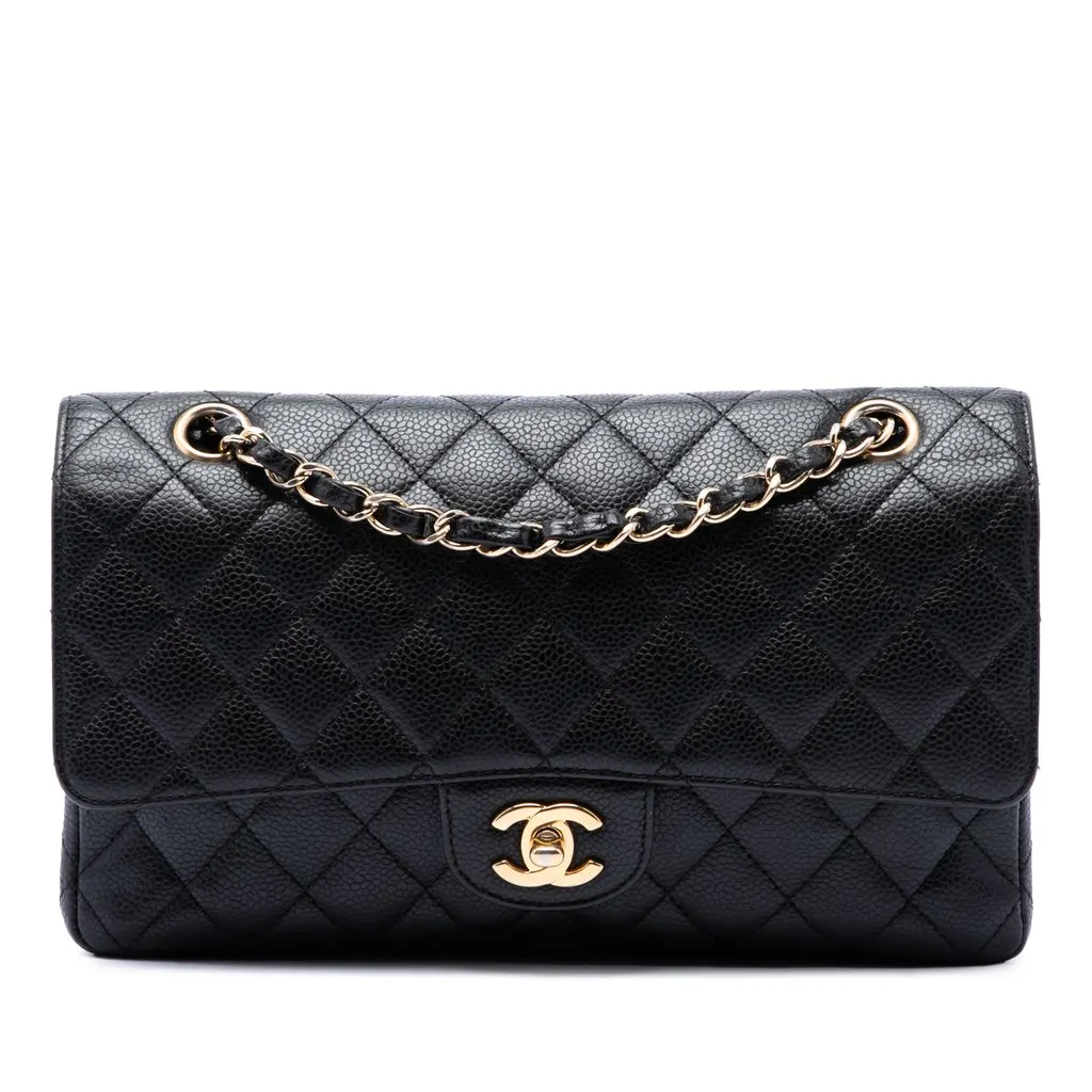 Chanel Medium Classic Caviar Double Flap Black Leather Very good - Front View