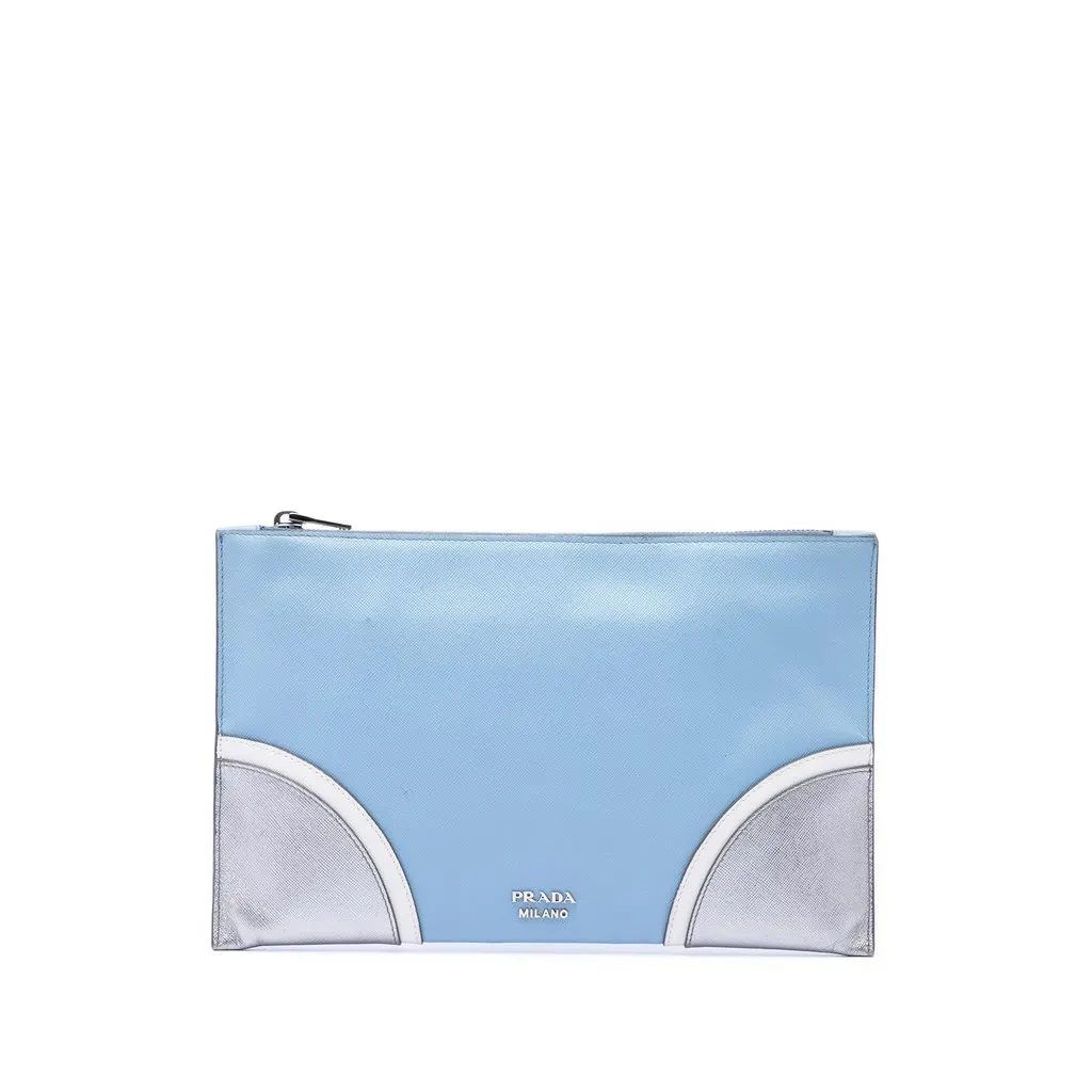 Prada Tricolor Saffiano Clutch Blue Leather Very good - Front View